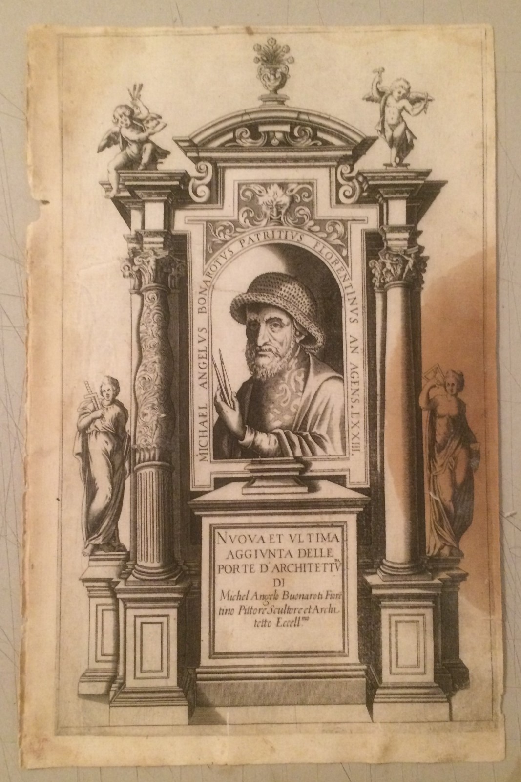 Michelangelo Buonarroti. Ritratto Dell'Artista Con Allegorie Delle Arti. Incisione All'Acquaforte