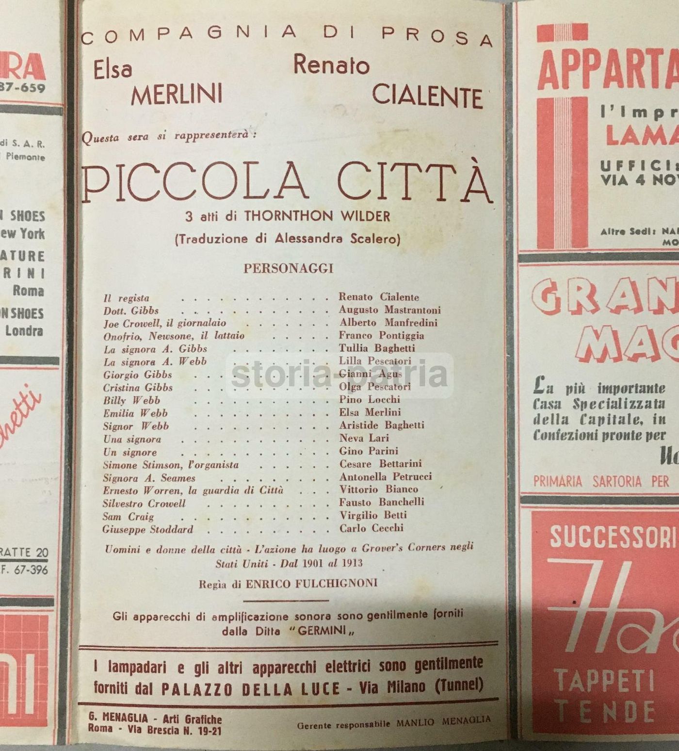 Roma: Programma Teatro Eliseo, Piccola Città Di Thornton Wilder, Elsa Merlini, Renato Cialente
