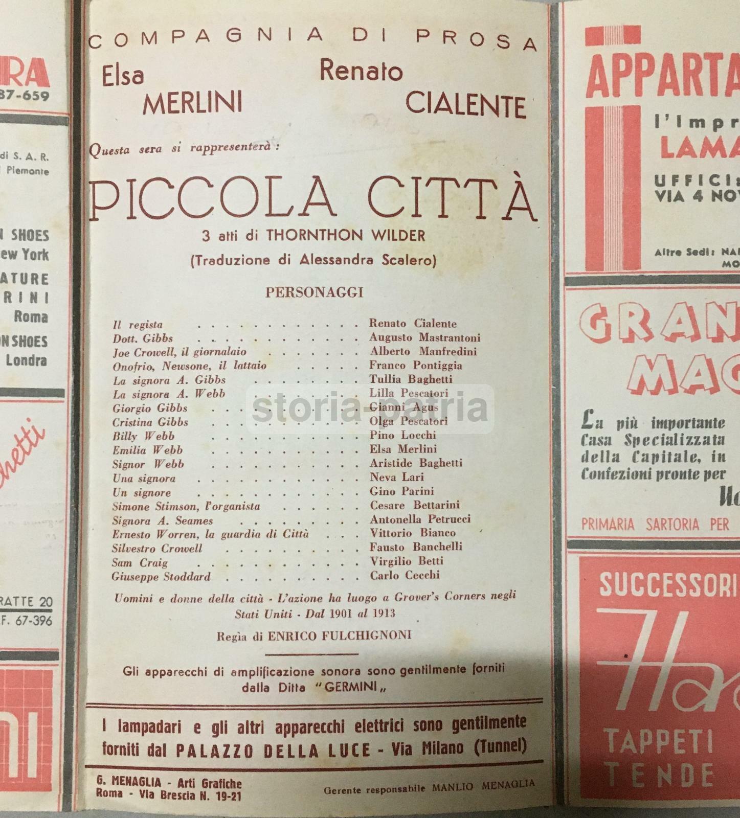 Roma: Programma Teatro Eliseo, Piccola Città Di Thornton Wilder, Elsa Merlini, Renato Cialente