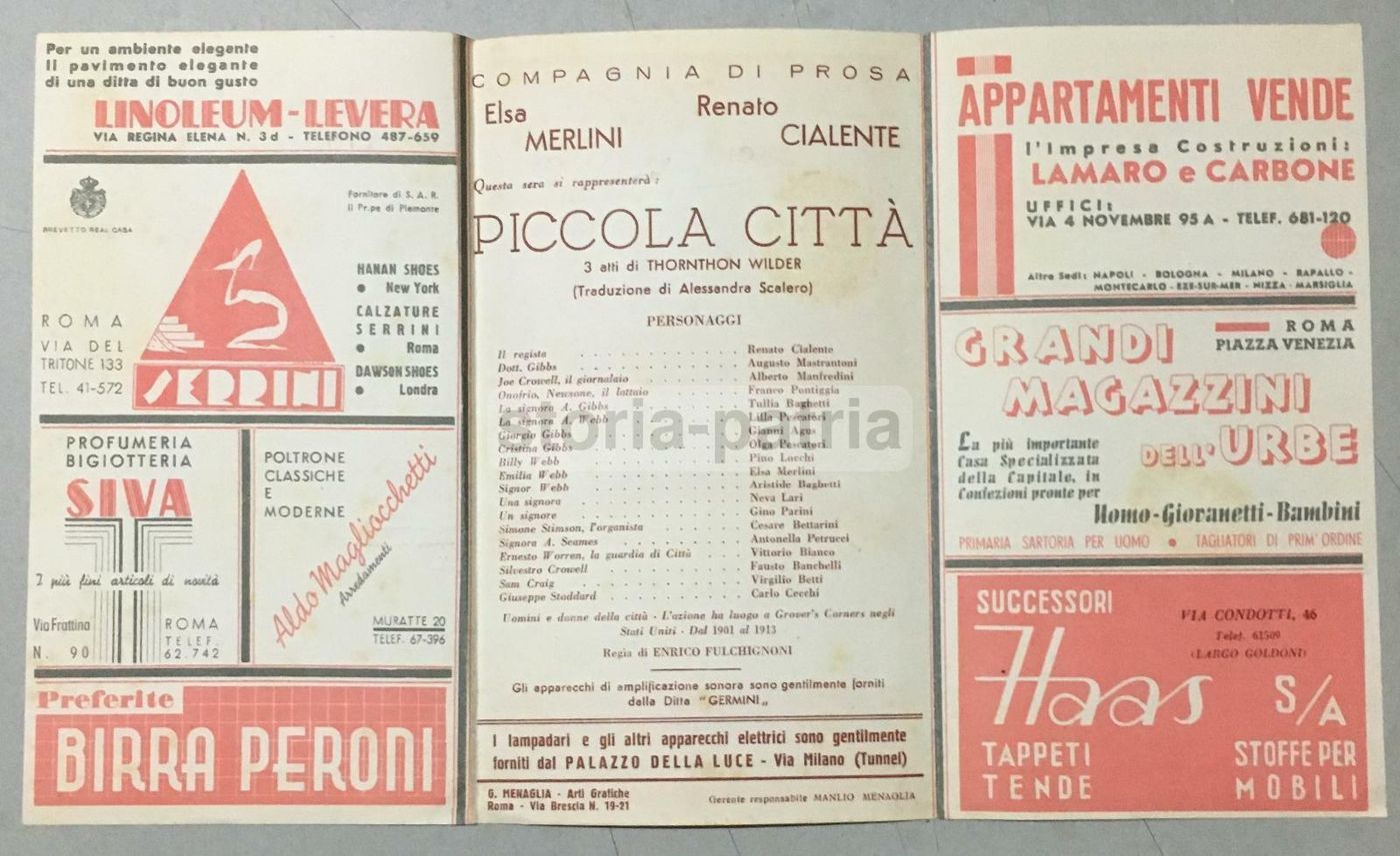 Roma: Programma Teatro Eliseo, Piccola Città Di Thornton Wilder, Elsa Merlini, Renato Cialente