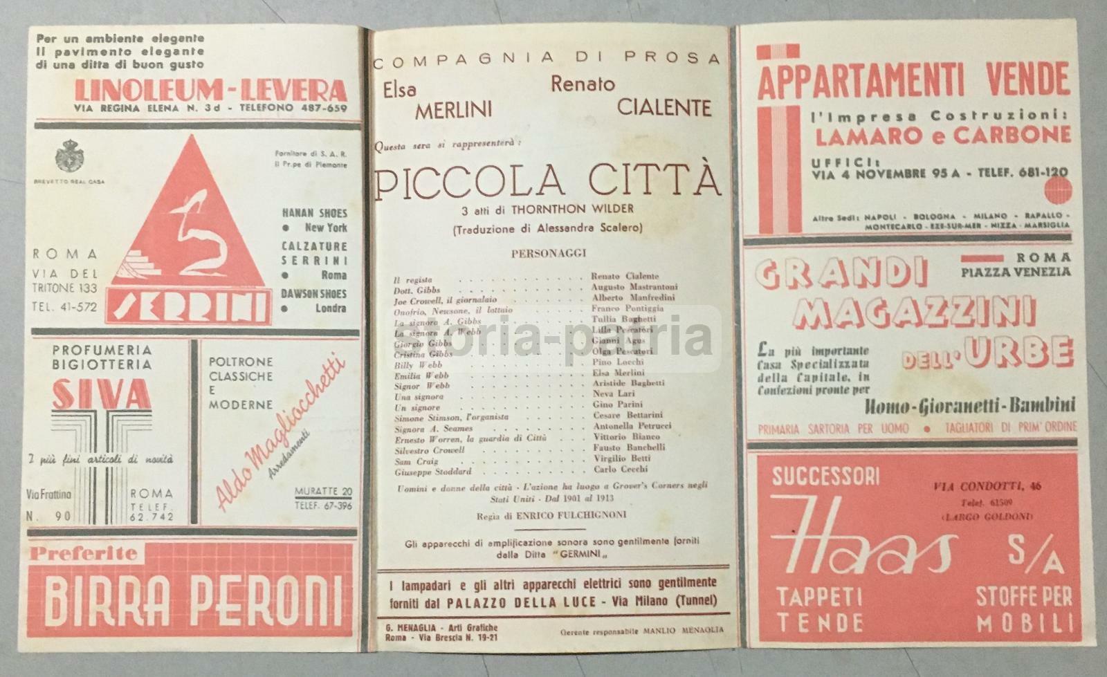 Roma: Programma Teatro Eliseo, Piccola Città Di Thornton Wilder, Elsa Merlini, Renato Cialente