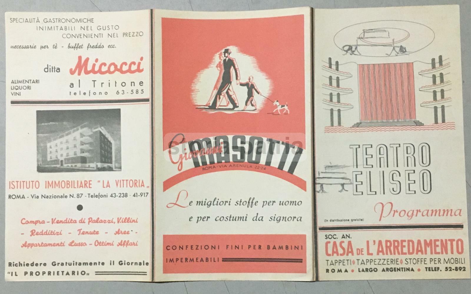 Roma: Programma Teatro Eliseo, Piccola Città Di Thornton Wilder, Elsa Merlini, Renato Cialente