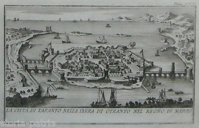 Puglia, Salento, Taranto: Antica Veduta Del Porto Con Cinta Muraria E Velieri, XVIII Secolo