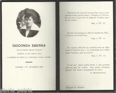 Sicilia, Catania: Antico Luttino Con Ritratto E Angelo Per Gioconda Sberna, 1920