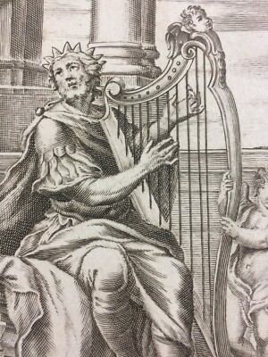 Musica, Strumenti Musicali, Arpa: Antica Stampa Biblica Di Nicola Guttierez