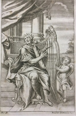 Musica, Strumenti Musicali, Arpa: Antica Stampa Biblica Di Nicola Guttierez