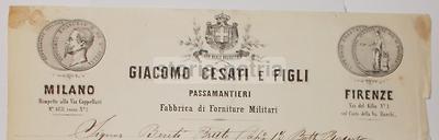 Milano, Firenze. Forniture Militari, Ditta Cesati, Passamantieri, 1865