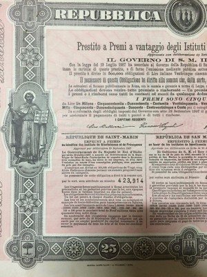 San Marino, Certificato Di Prestito A Premi, Lotteria E Araldica, 1908