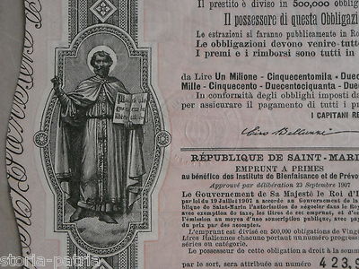San Marino, Certificato Di Prestito A Premi, Lotteria E Araldica, 1908