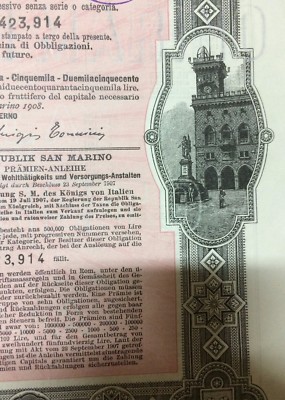 San Marino, Certificato Di Prestito A Premi, Lotteria E Araldica, 1908
