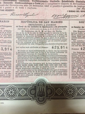 San Marino, Certificato Di Prestito A Premi, Lotteria E Araldica, 1908