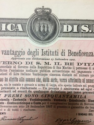 San Marino, Certificato Di Prestito A Premi, Lotteria E Araldica, 1908