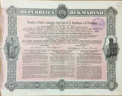 San Marino, Certificato Di Prestito A Premi, Lotteria E Araldica, 1908