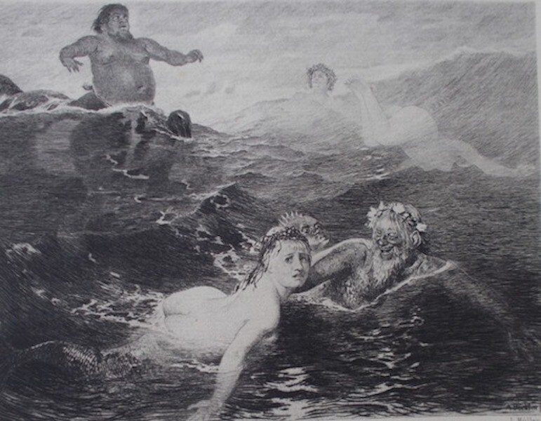 Sirene E Tritone: Incisione Originale Di L. Muller (da A. Boeklin)