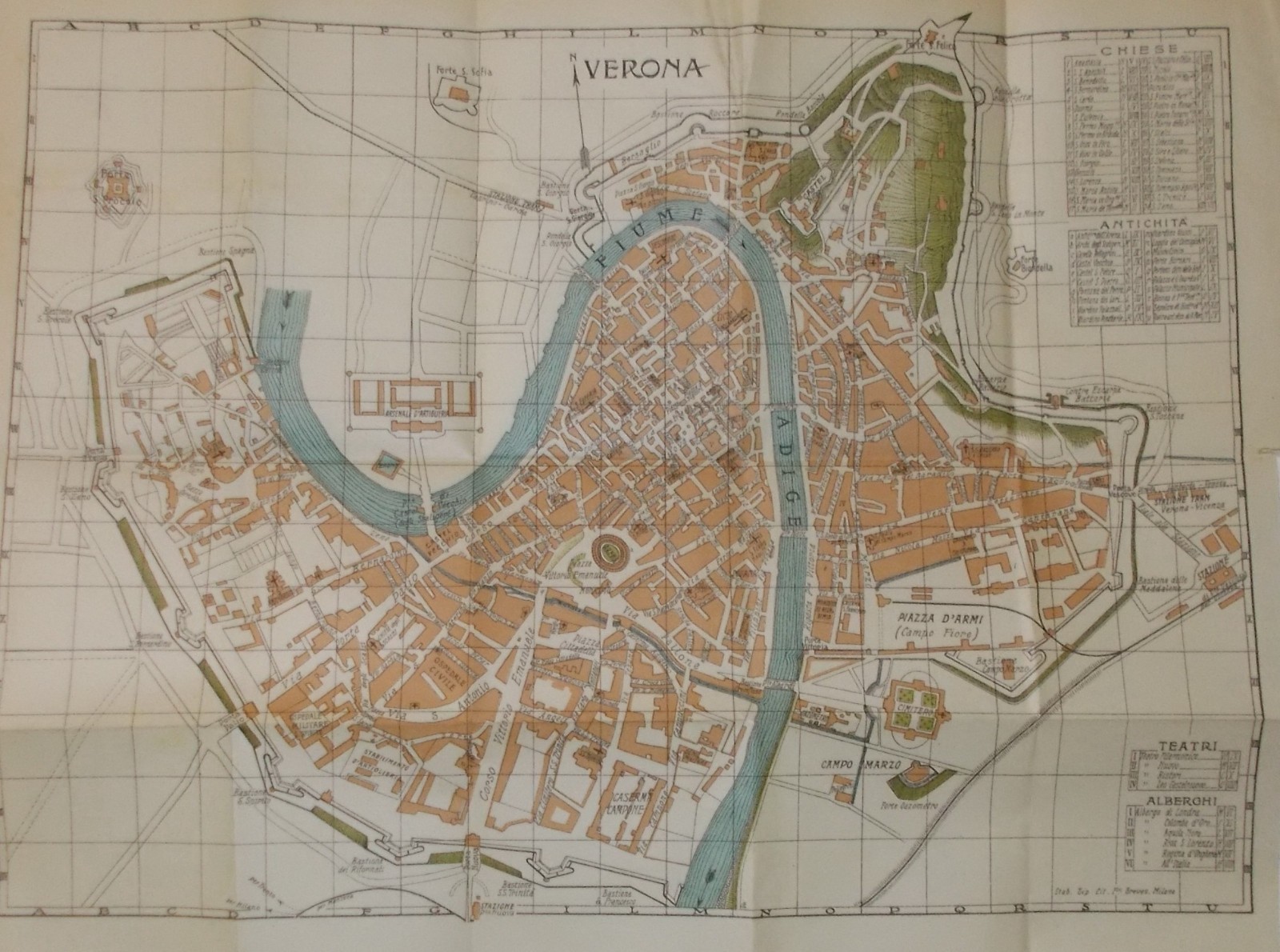 Veneto   Verona: Antica Cartografia E Mappa Topografica Con Viabilità, Alberghi E Teatri