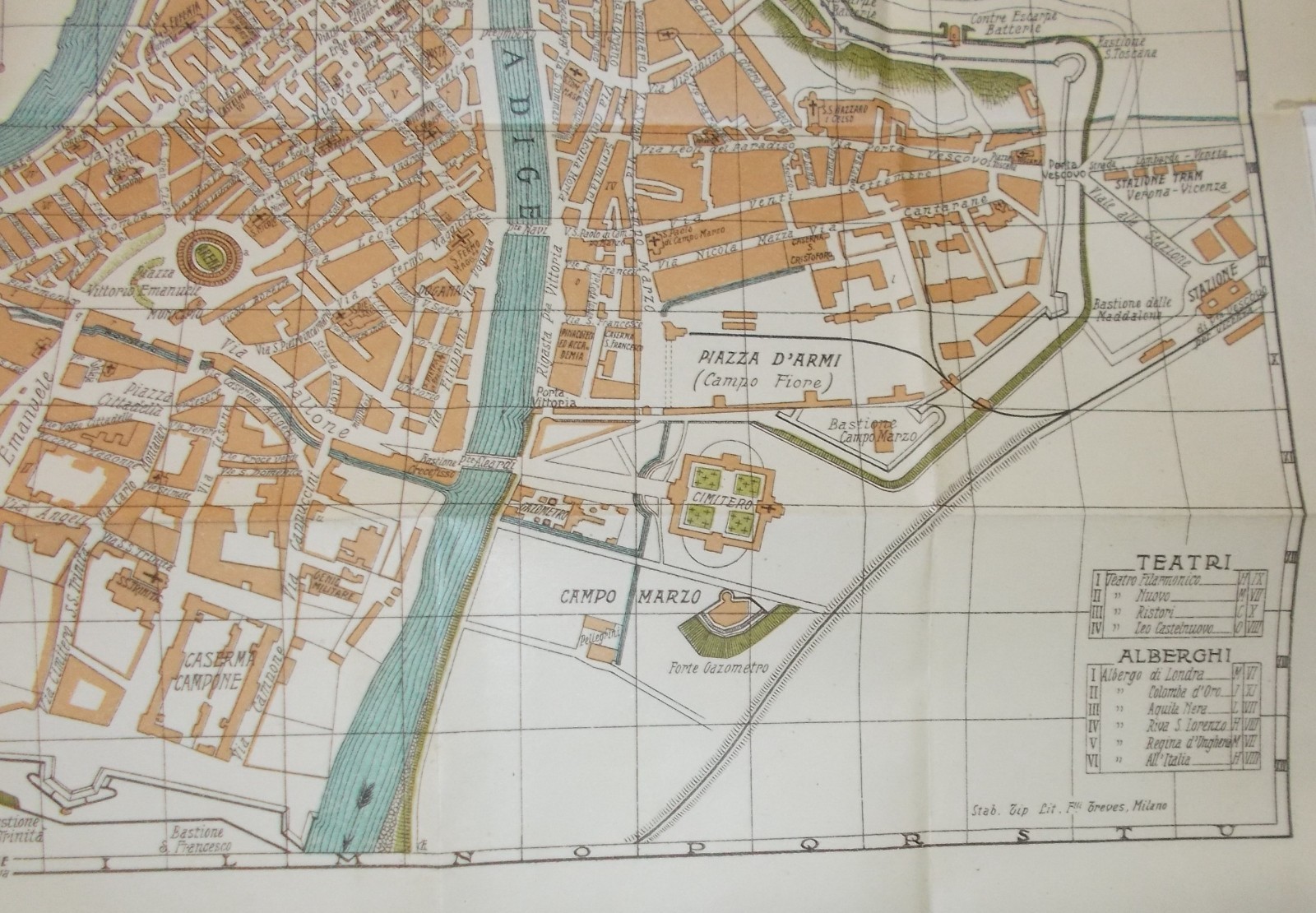 Veneto   Verona: Antica Cartografia E Mappa Topografica Con Viabilità, Alberghi E Teatri