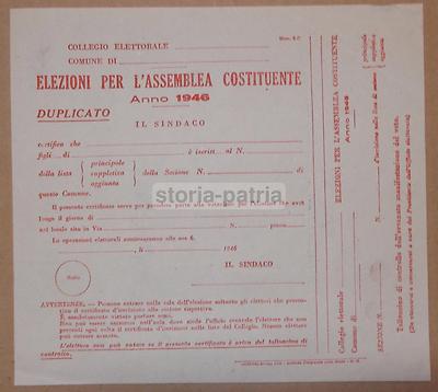 Politica, Elezioni, Assemblea Costituente, 1946, Certificato d'Epoca