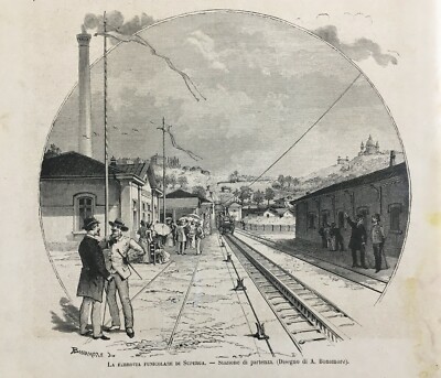 Piemonte, Torino, Superga: Ferrovia, Treni, Funicolare, 1884. Tre Stampe Antiche, Agudio
