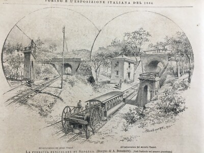 Piemonte, Torino, Superga: Ferrovia, Treni, Funicolare, 1884. Tre Stampe Antiche, Agudio