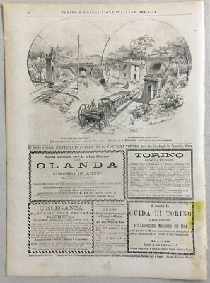Piemonte, Torino, Superga: Ferrovia, Treni, Funicolare, 1884. Tre Stampe Antiche, Agudio