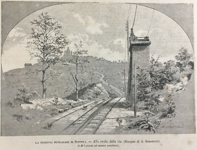 Piemonte, Torino, Superga: Ferrovia, Treni, Funicolare, 1884. Tre Stampe Antiche, Agudio
