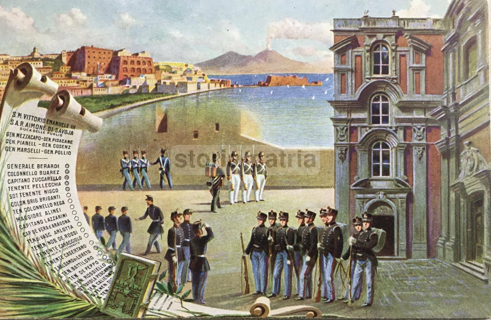 Militaria, Collegio Militare, Napoli: Veduta Panoramica Con Vesuvio E Militari, Cartolina Richter