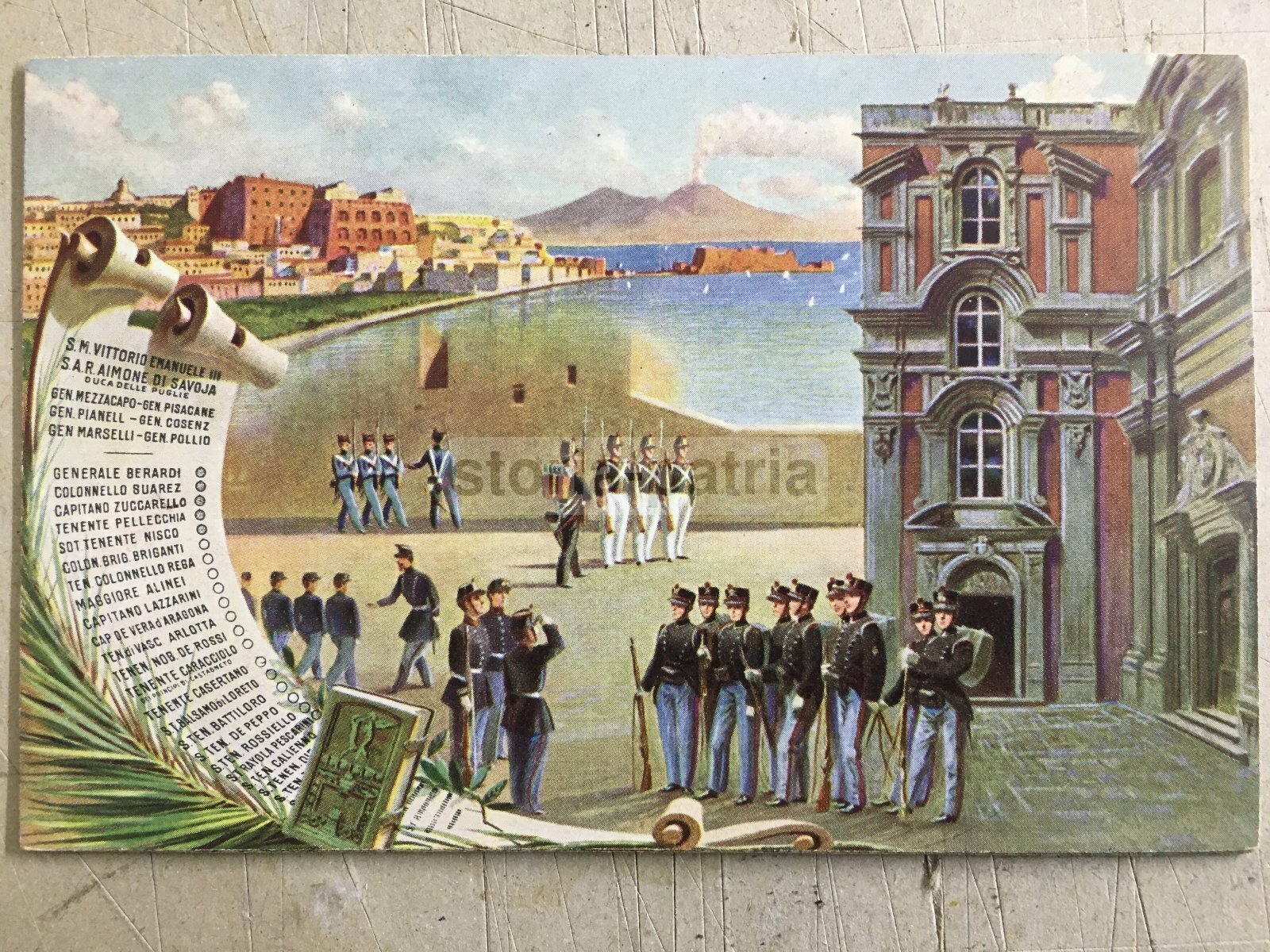 Militaria, Collegio Militare, Napoli: Veduta Panoramica Con Vesuvio E Militari, Cartolina Richter