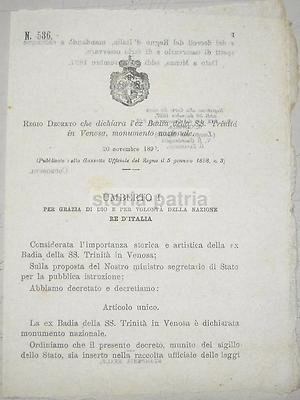 Basilicata, Potenza, Arte, Venosa: Antica Abbazia Monumento Nazionale   Decreto 1897