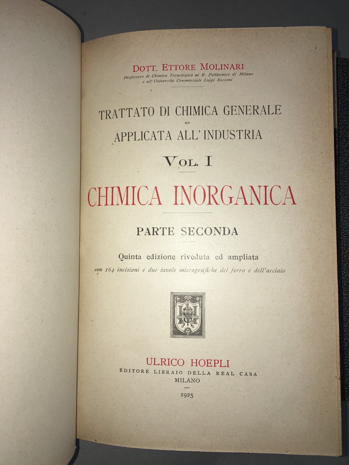 Chimica Organica E Inorganica: Antica Edizione Hoepli, Molinari, 4 Volumi Illustrati