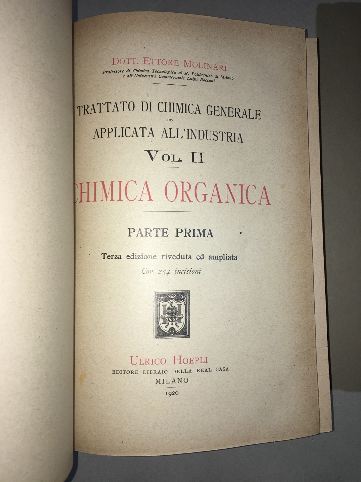 Chimica Organica E Inorganica: Antica Edizione Hoepli, Molinari, 4 Volumi Illustrati