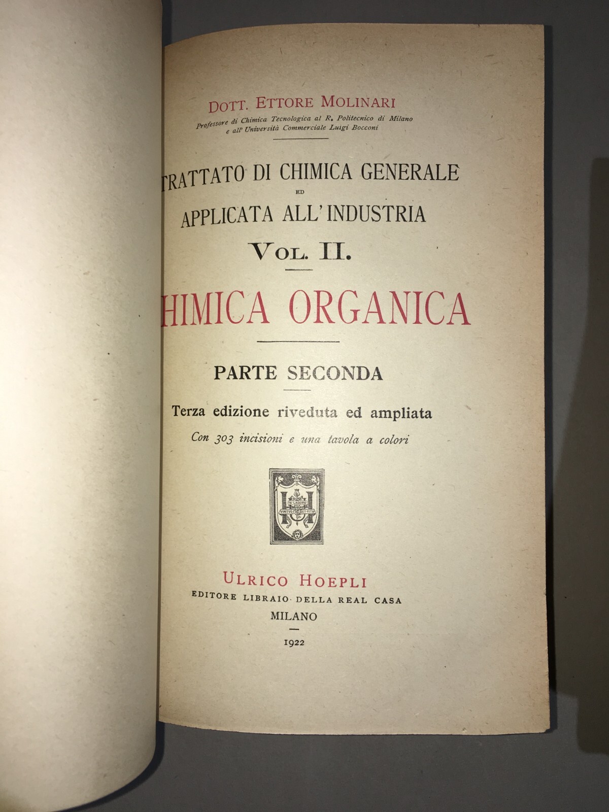 Chimica Organica E Inorganica: Antica Edizione Hoepli, Molinari, 4 Volumi Illustrati