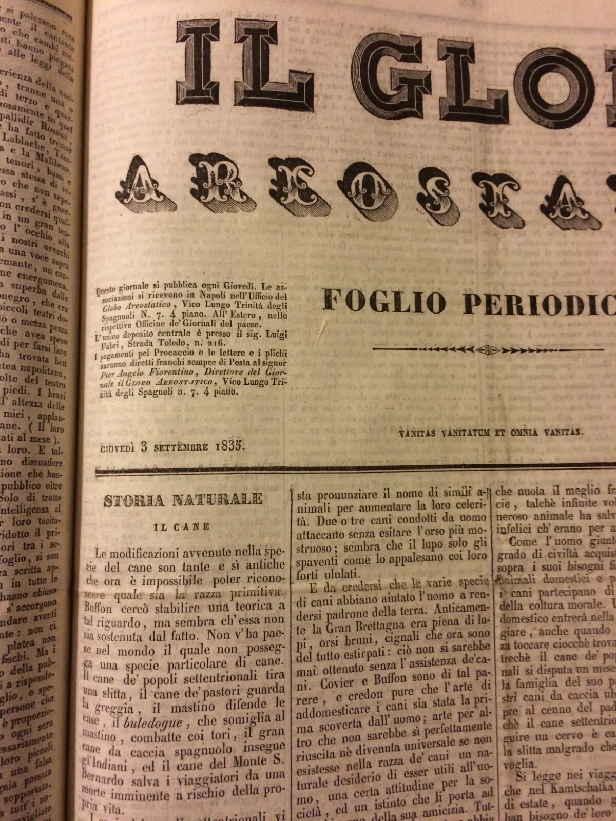 Napoli: Antico Raro Periodico Il Globo Aerostatico, Pier Angelo Fiorentino, 1835 36