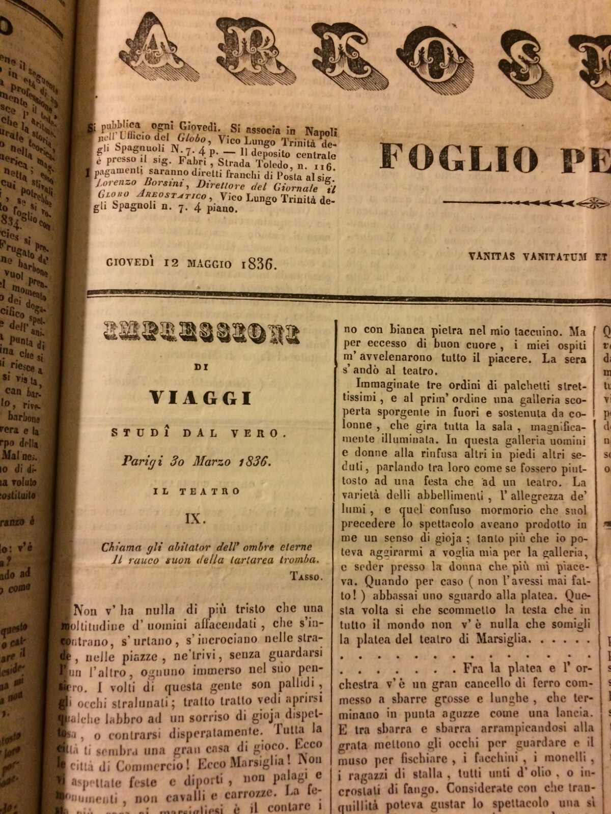 Napoli: Antico Raro Periodico Il Globo Aerostatico, Pier Angelo Fiorentino, 1835 36
