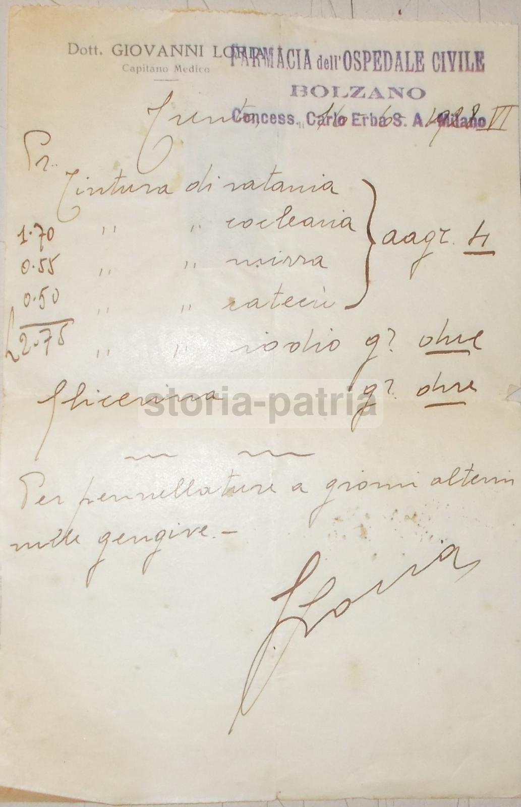 Medicina E Farmacia: Prescrizione Medico Farmaceutica Del Dott. Giovanni Loria (Bolzano/Trento), 1928