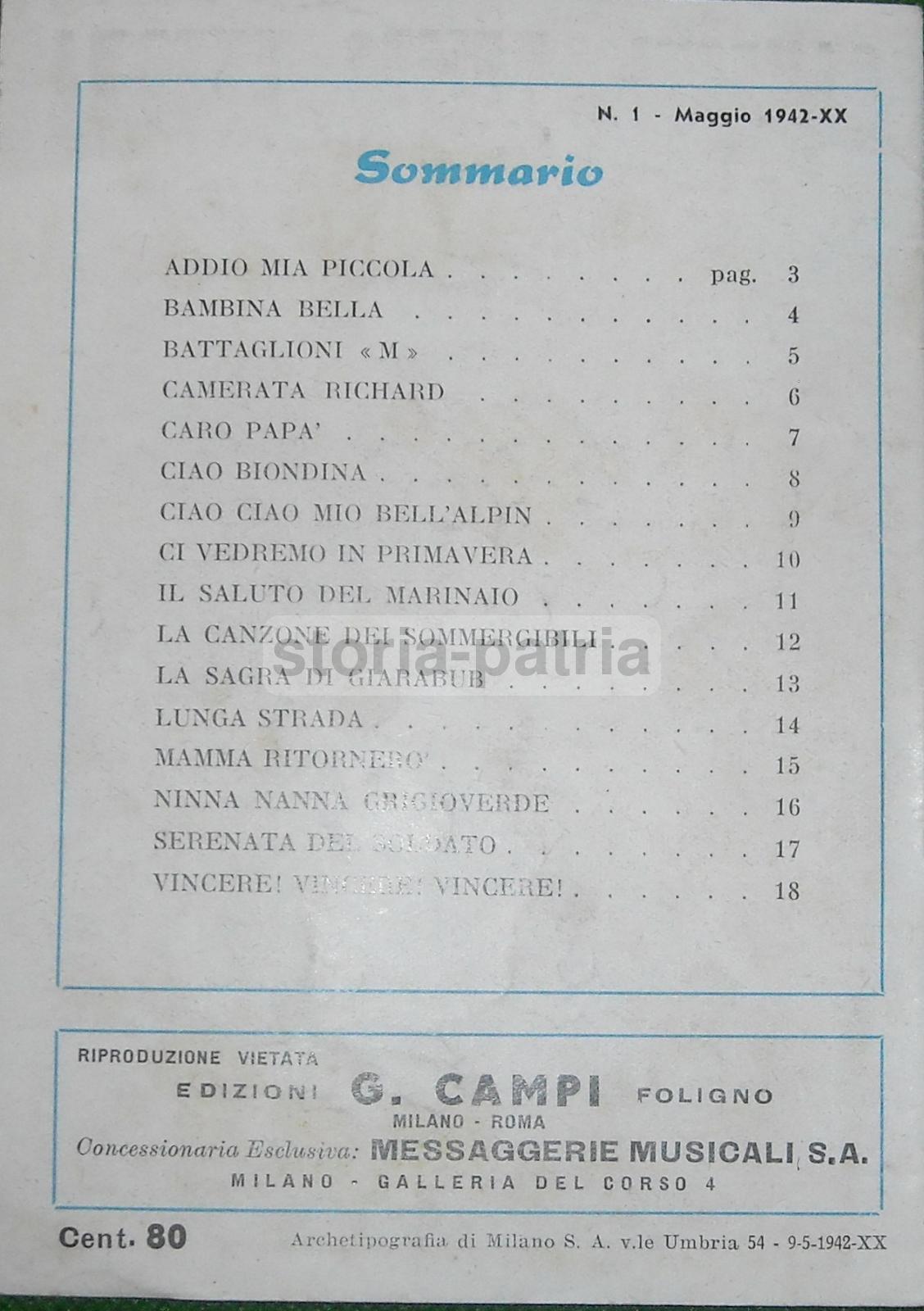 Musica Militaria: Canzoni Di Guerra Rosanina, Vado, Vinco E Torno, Carducci, Schisa (1942)