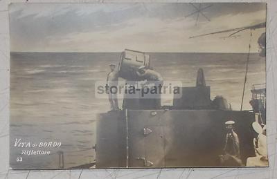 Militaria Marina, Nave E Marinai Con Riflettore. Antica Fotografia d'Epoca.