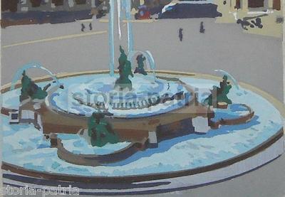 Architettura, Prospettiva Artistica, Veduta Di Palazzi Con Fontana Monumentale, Pochoir