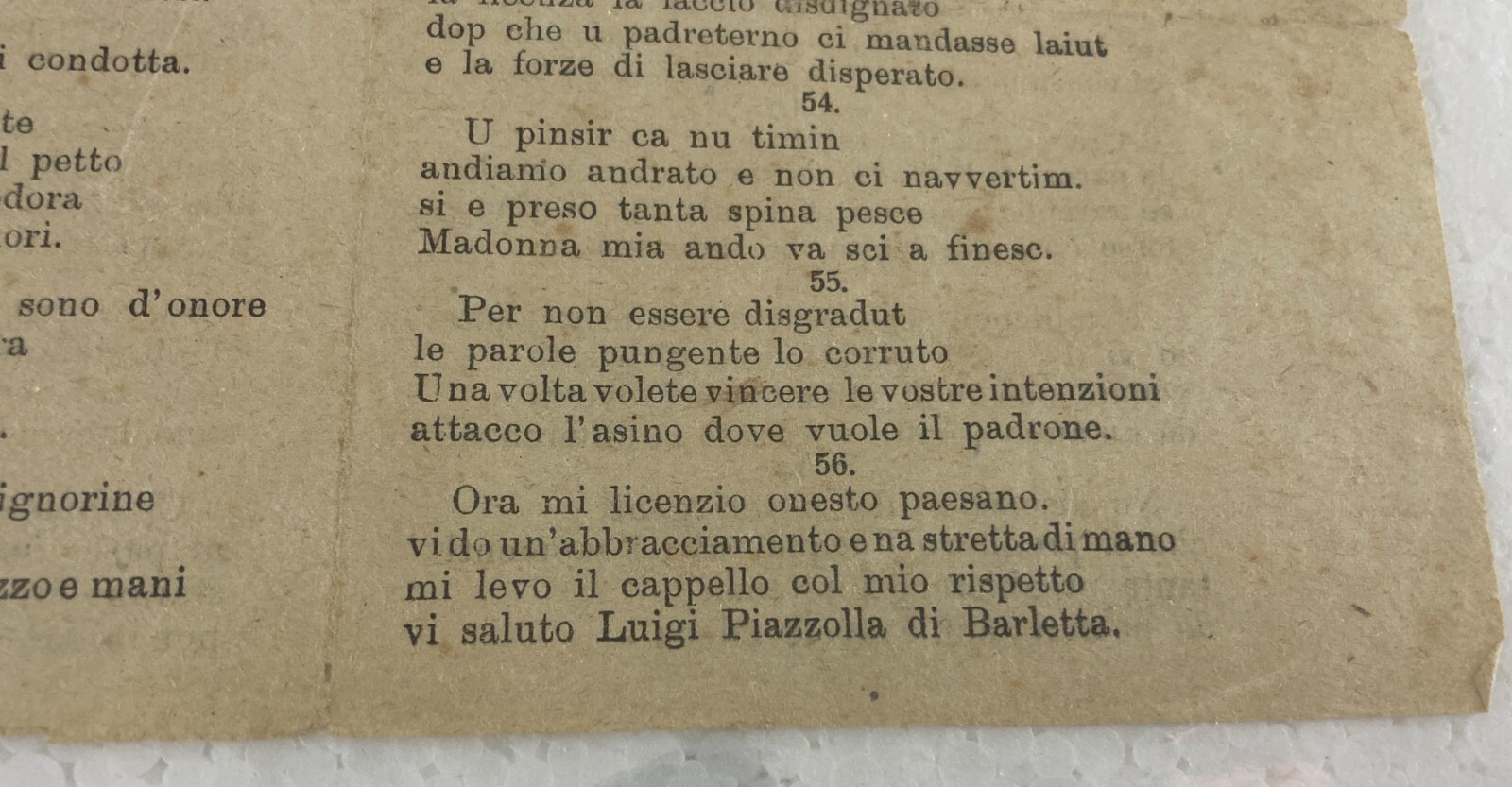 Puglia, Bari, Barletta: Luigi Piazzolla, Poesia Popolare. Antico Raro Foglio Volante