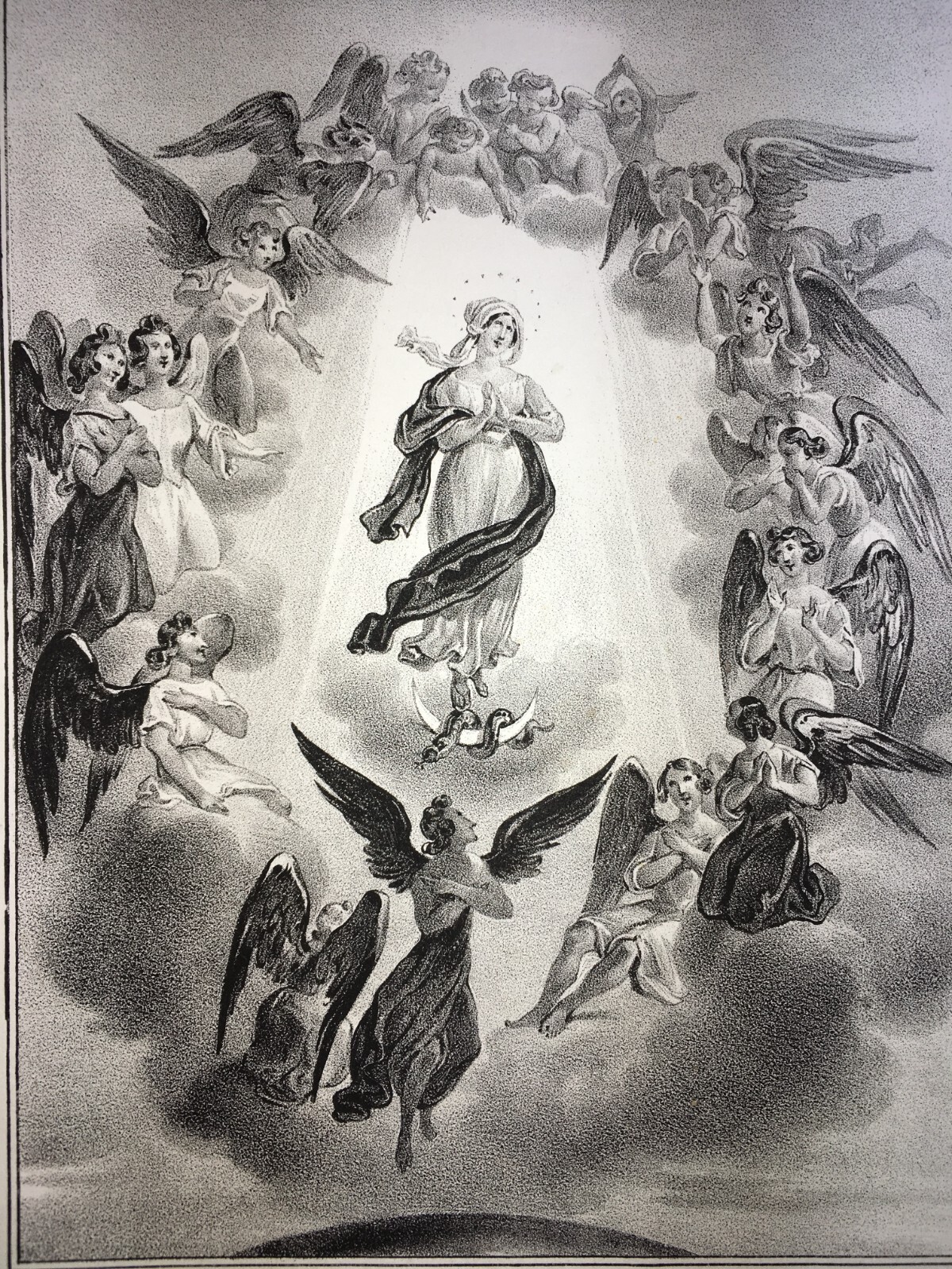 Stampa Popolare Devozionale, Madonna Immacolata, Iconografia Con Angeli, Wenzel, XIX Secolo