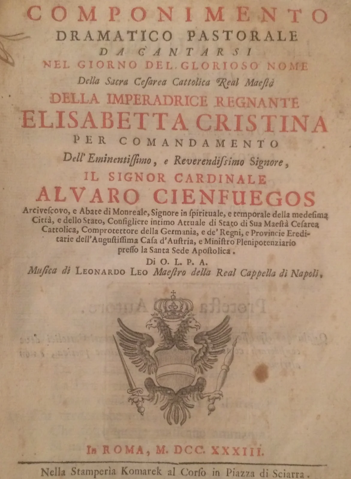 Coluzzi e Leo, Componimento Pastorale, Roma 1733