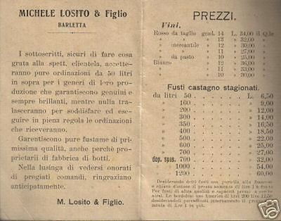 Puglia: Michele Losito & Figli, Barletta. Listino Prezzi Vini E Botti, 1913.