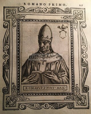 Storia Del Papato: Ritratto Di Pontefice, Romano I. Incisione Del '500, Araldica