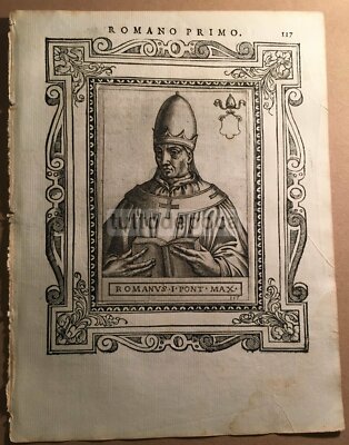 Storia Del Papato: Ritratto Di Pontefice, Romano I. Incisione Del '500, Araldica