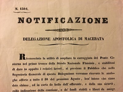 Marche, Macerata, Antica Notificazione: Gherardi, Ponte Cisterna, Strada Flaminia, 1849