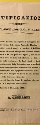 Marche, Macerata, Antica Notificazione: Gherardi, Ponte Cisterna, Strada Flaminia, 1849