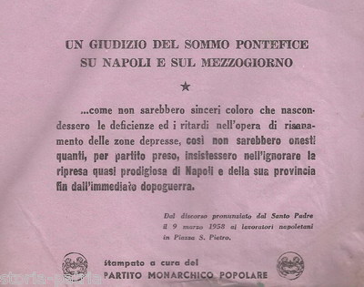 Napoli, Monarchia, Partito Monarchico Popolare, Chiesa, Papato, Discorso Del 1958