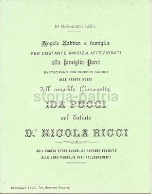 Marche, Senigallia. Antiche Nozze Ricci Pucci. Invito d'Epoca, Angelo Zabban, 1887