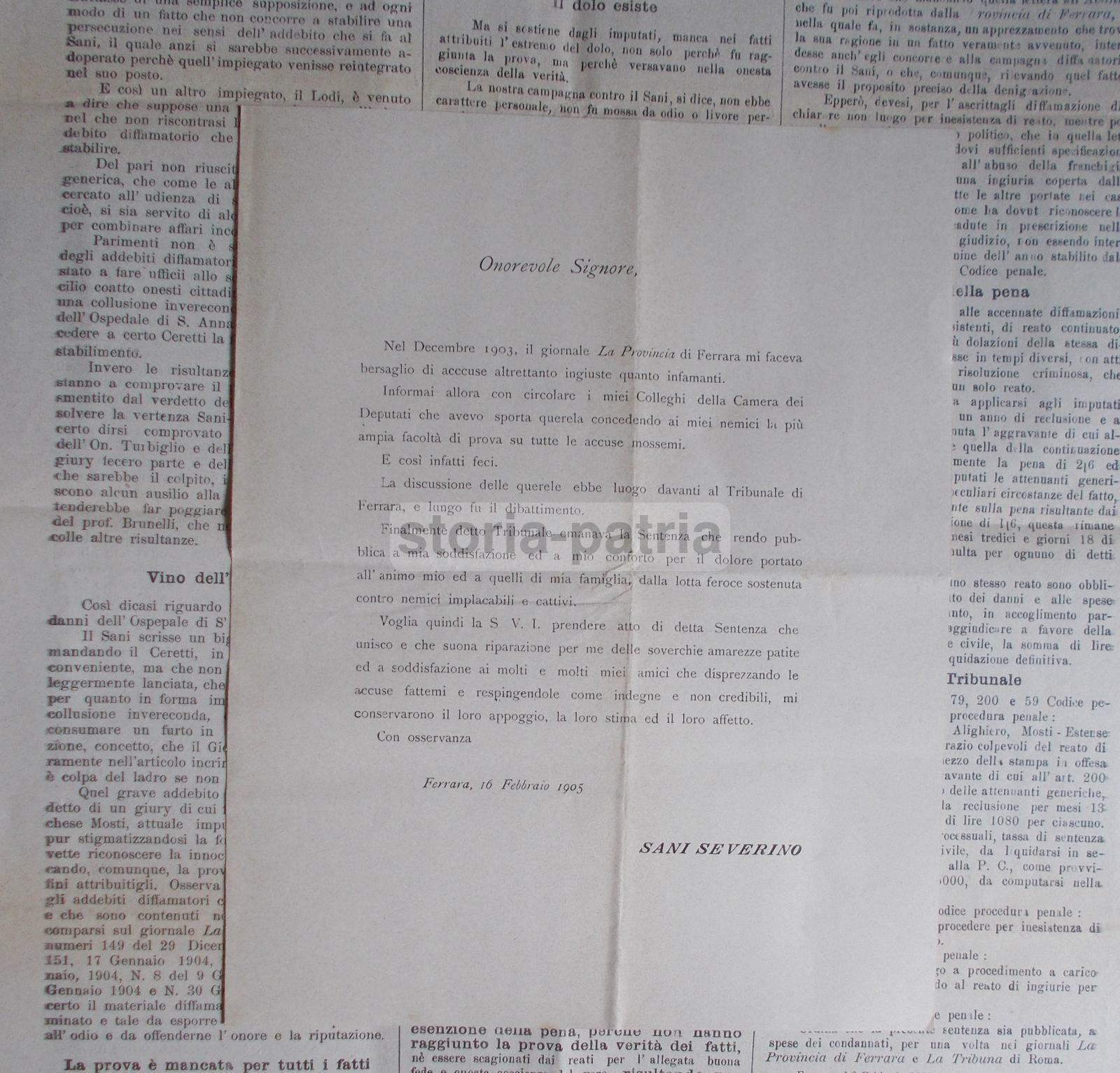 Ferrara: Deputato Sani   Processo Giuridico Trotti, Valieri, Boscolo, Castelli (1905)