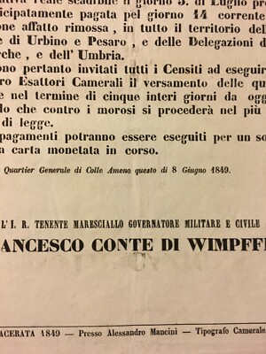 Marche, Macerata, Urbino, Pesaro, Umbria: Conte Di Wimpffen, Esazione Tasse, 1849