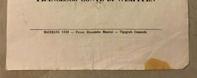 Marche, Macerata, Urbino, Pesaro, Umbria: Conte Di Wimpffen, Esazione Tasse, 1849